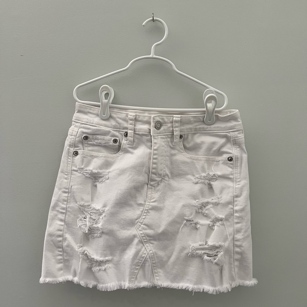 White Distressed Mini Jean Skirt
